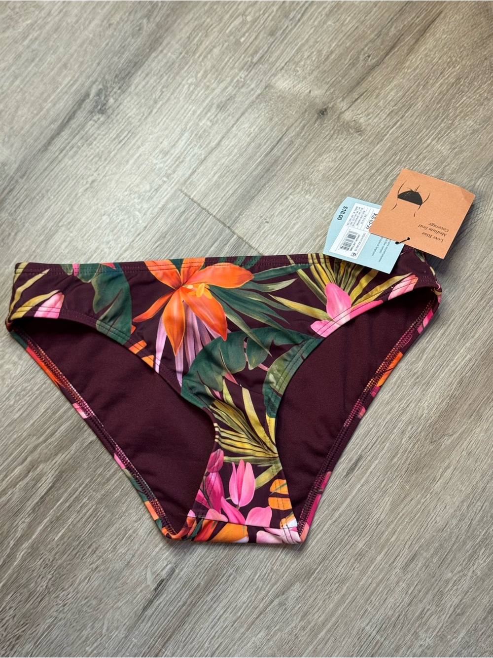 Shade & Shore Burgundy Floral Bikini Bottoms with Pink & Orange Accents